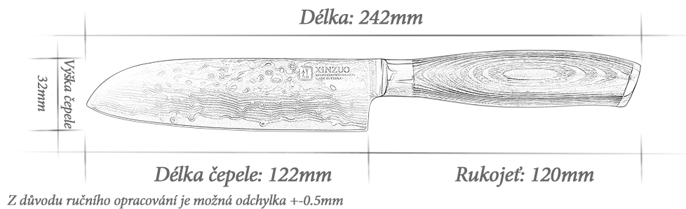 Santoku nůž XinZuo Ya B20 5 palcu velikost